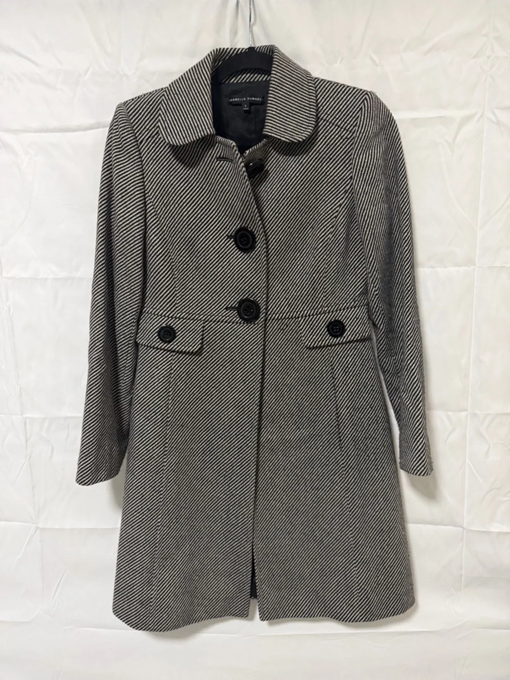 Isabella Demarco Black & White Herringbone Wool-Blend Pea Coat - Picture 1 of 6